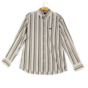 Faconnable Club Mens Medium Striped Button Down Shirt Olive Tan Blue Cotton M
